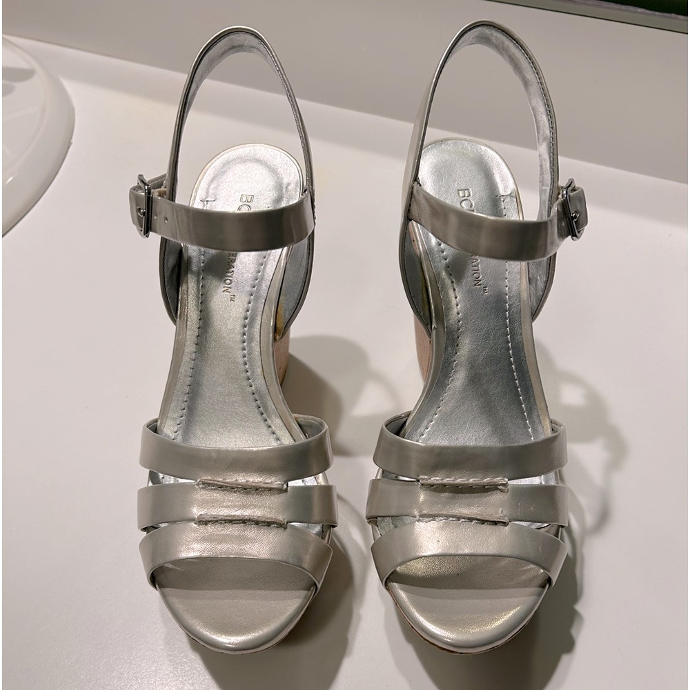 BCBG Generation Wedge Sandals. Silver leather with cork wedge.
